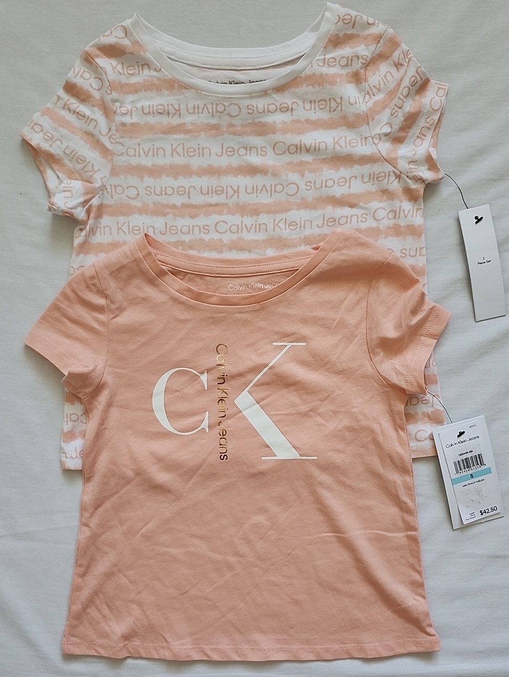 Calvin Klein Jeans Girls 2-Pack Logo T-Shirts Peach Striped Set | Size 5 | NWT